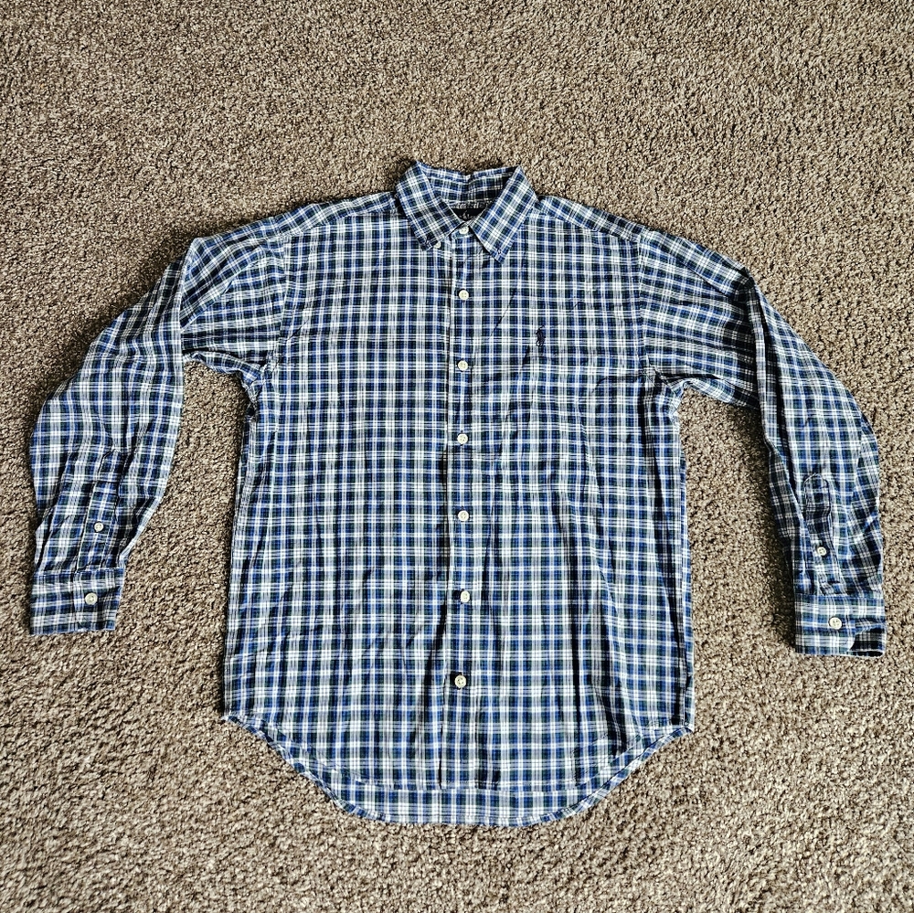 Polo Ralph Lauren Shirt Mens Medium Green Blue Plaid Flannel Button Up READ DESC